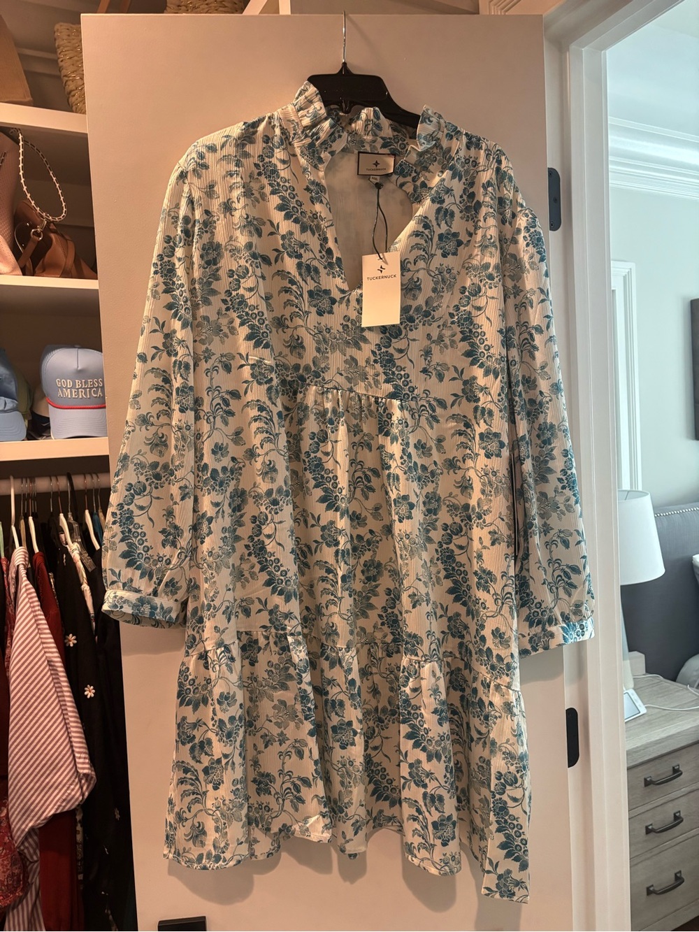 Tuckernuck White Dress with Teal Floral Print